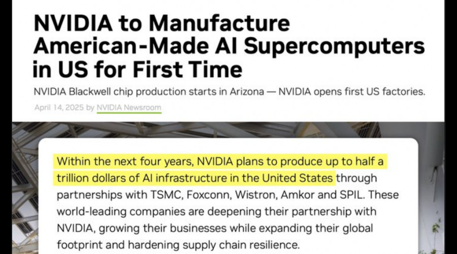 Белый дом заявляет о "эффекте Трампа в действии", когда Nvidia объявляет о планах по созданию чипов искусственного интеллекта и суперкомпьютеров в США