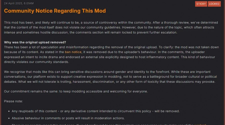Nexus Mods решает разрешить мод Oblivion Remastered, который изменяет опции "тип тела" на мужской/женский, и заявляет, что это не "поле битвы для более широких культурных или политических дебатов".
