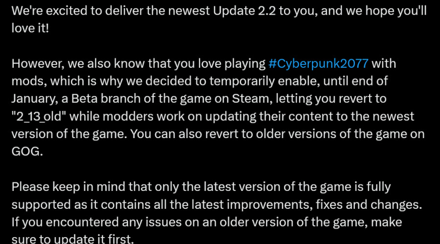 CD Projekt выпустила новую бета-ветку Cyberpunk 2077, чтобы люди могли продолжать играть, пока моддеры дорабатывают обновление 2.2